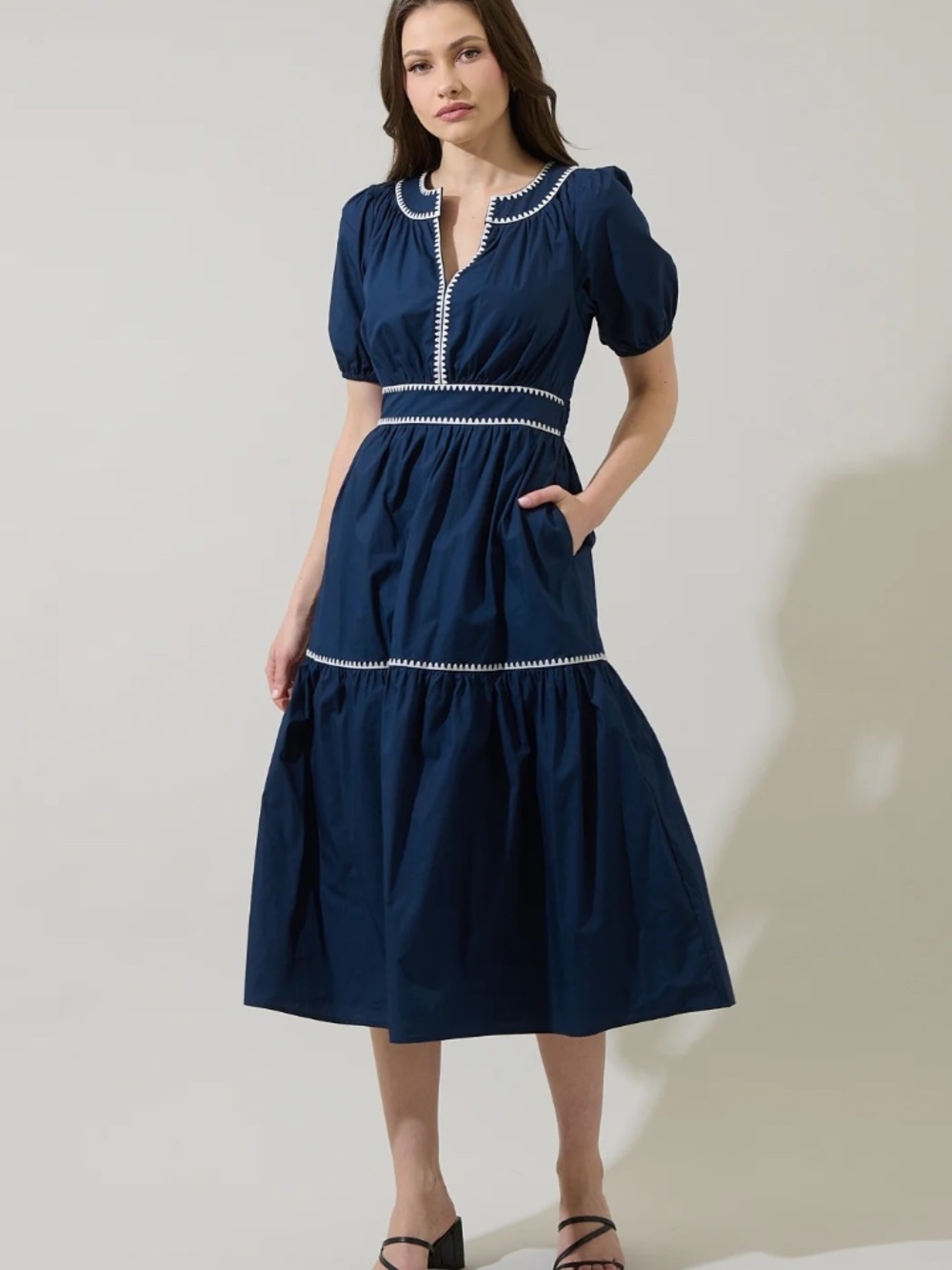 Sugarlips Taliah Puff Sleeve Midi Dress Navy 2X EUC